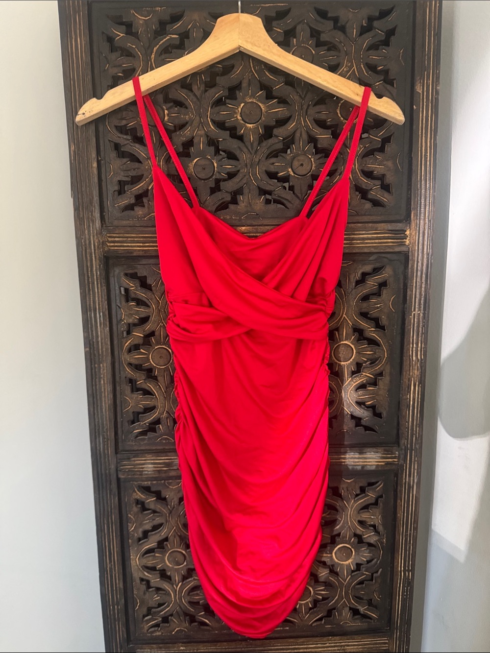Red Draped Spaghetti-Strap Dress